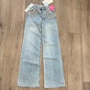 S.O.N.G  Light Blue Wide Leg Jeans with Pocket EyeLash Bling Accents Size 00/23